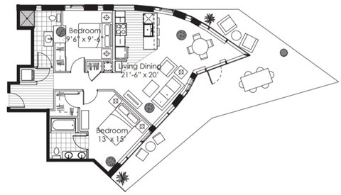 Floor plan for 2 beds, 2 baths, 1058 sqft